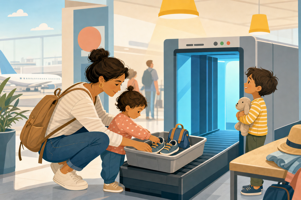 Flat illustration of a parent calmly helping a toddler place belongings in a bin at an airport security checkpoint, conveying a stress-free, screen-free approach to getting young kids through security.