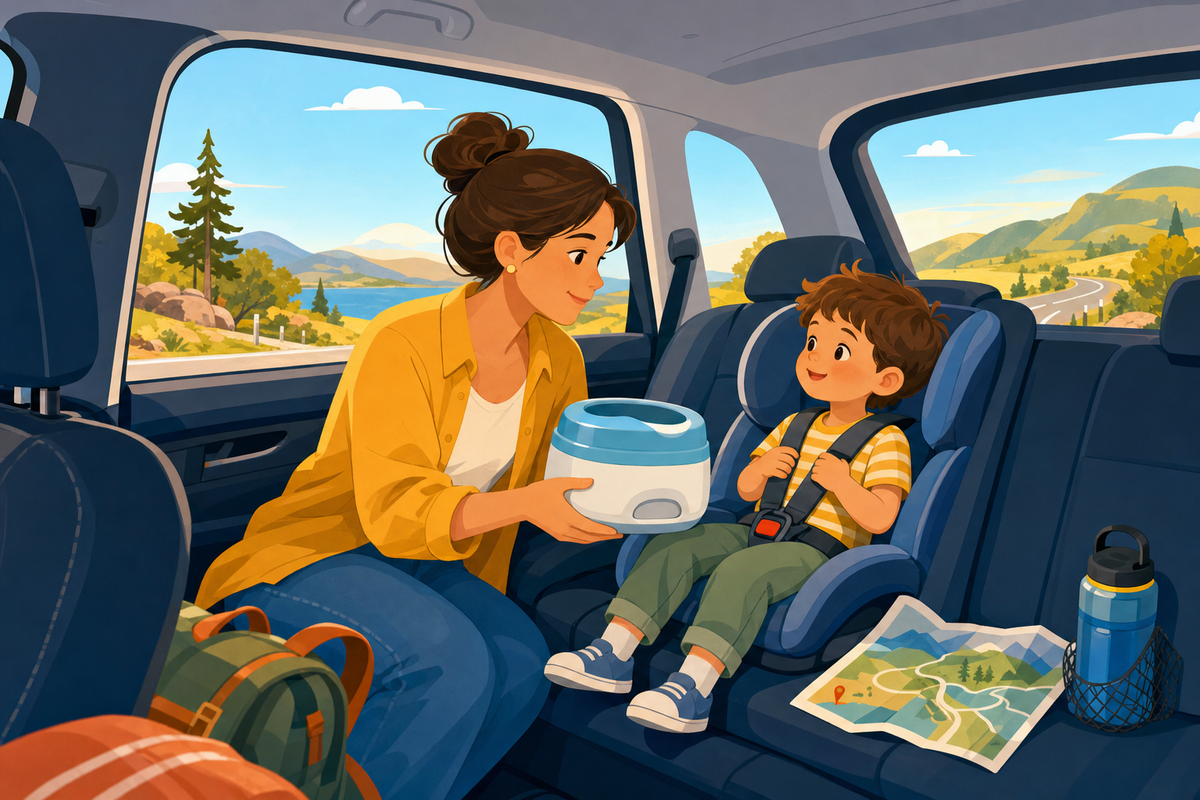 Flat illustration of a calm parent helping a child in a car seat with a travel potty during a road trip stop, with a peaceful roadside landscape visible through the car window.