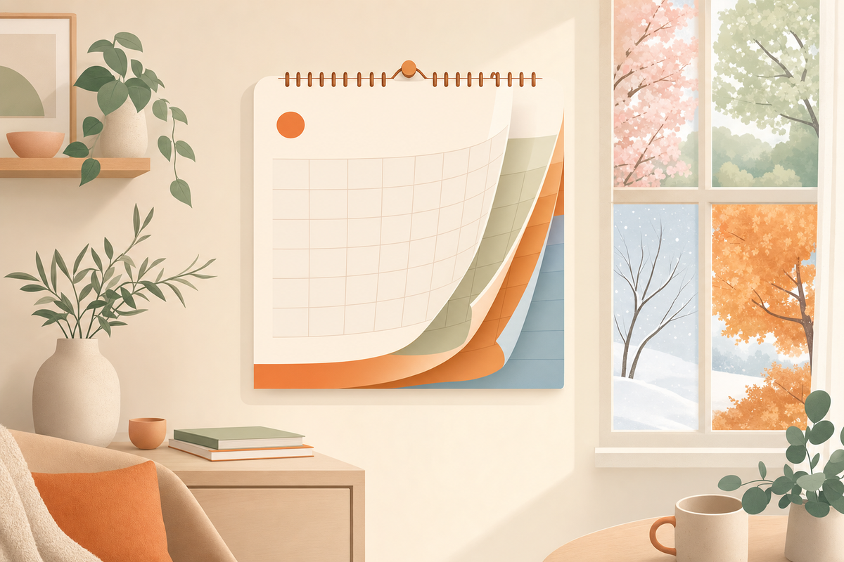 Illustration showing a wall chart with pages turning over time, representing the concept of routine chart duration