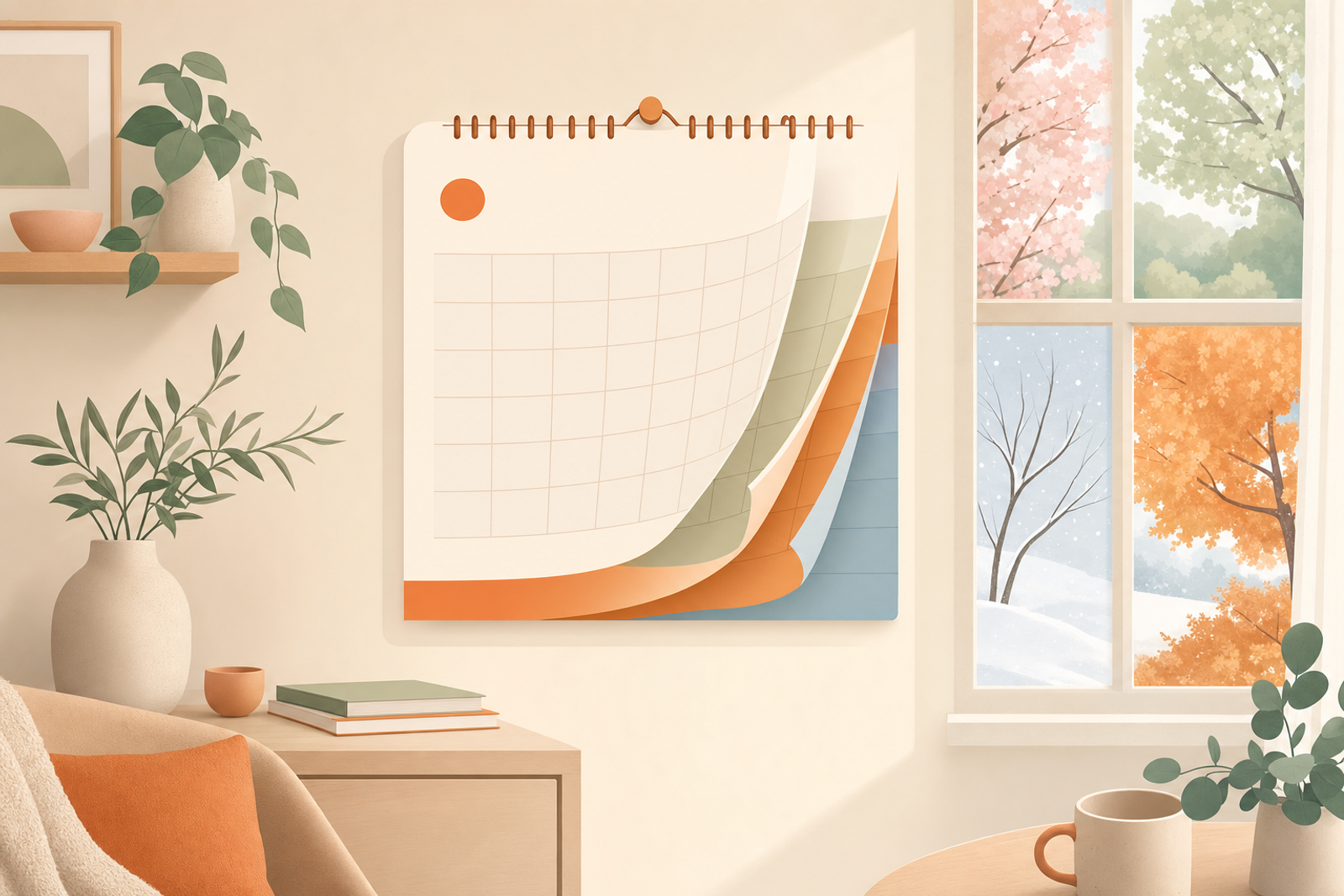 Illustration showing a wall chart with pages turning over time, representing the concept of routine chart duration