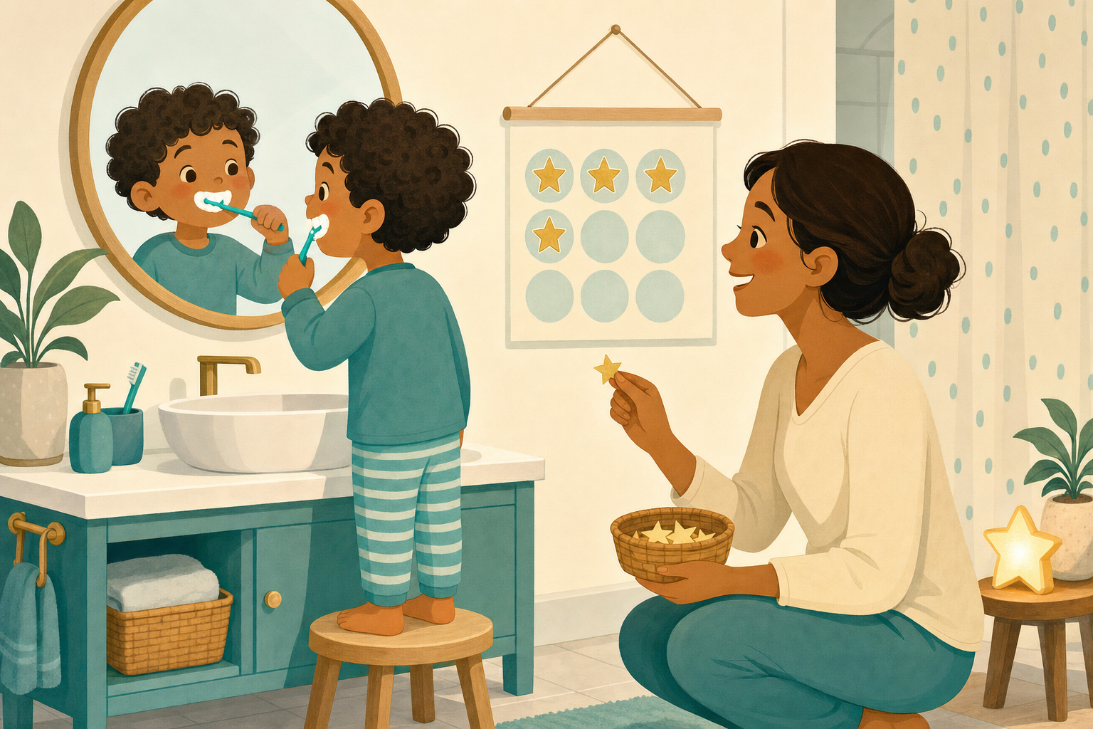 Flat illustration of a happy child brushing their teeth at a bathroom sink beside a sticker reward chart with gold star stickers, with a parent smiling nearby.