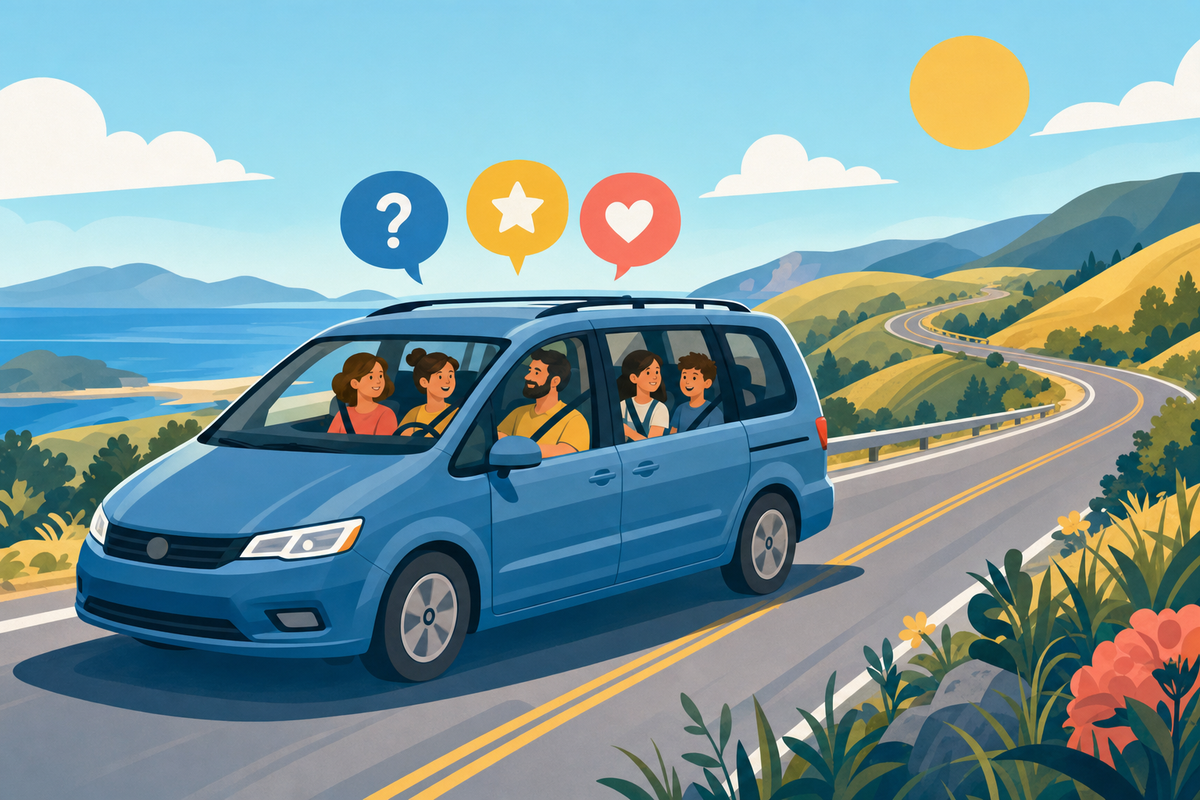 Illustrated family vehicle on a scenic road with colorful speech bubbles above, representing conversation and questions during a road trip