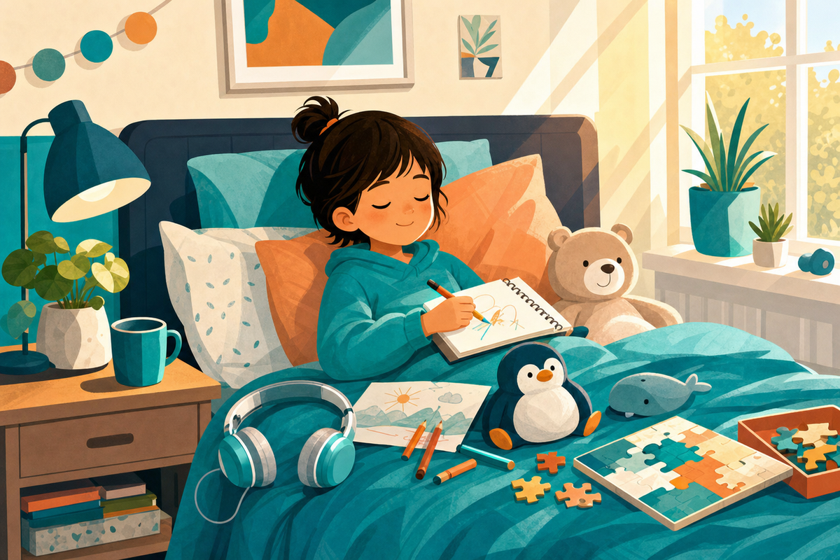 Illustration of a child resting comfortably in bed surrounded by screen-free entertainment options including art supplies, puzzles, and books