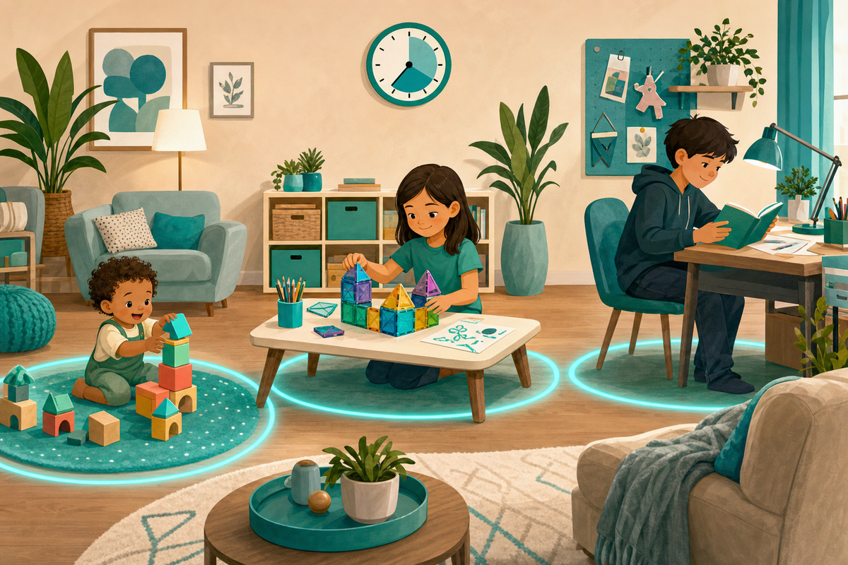 Flat illustration of siblings ages 2 to 10 happily playing in separate screen-free activity zones in a cozy living room.