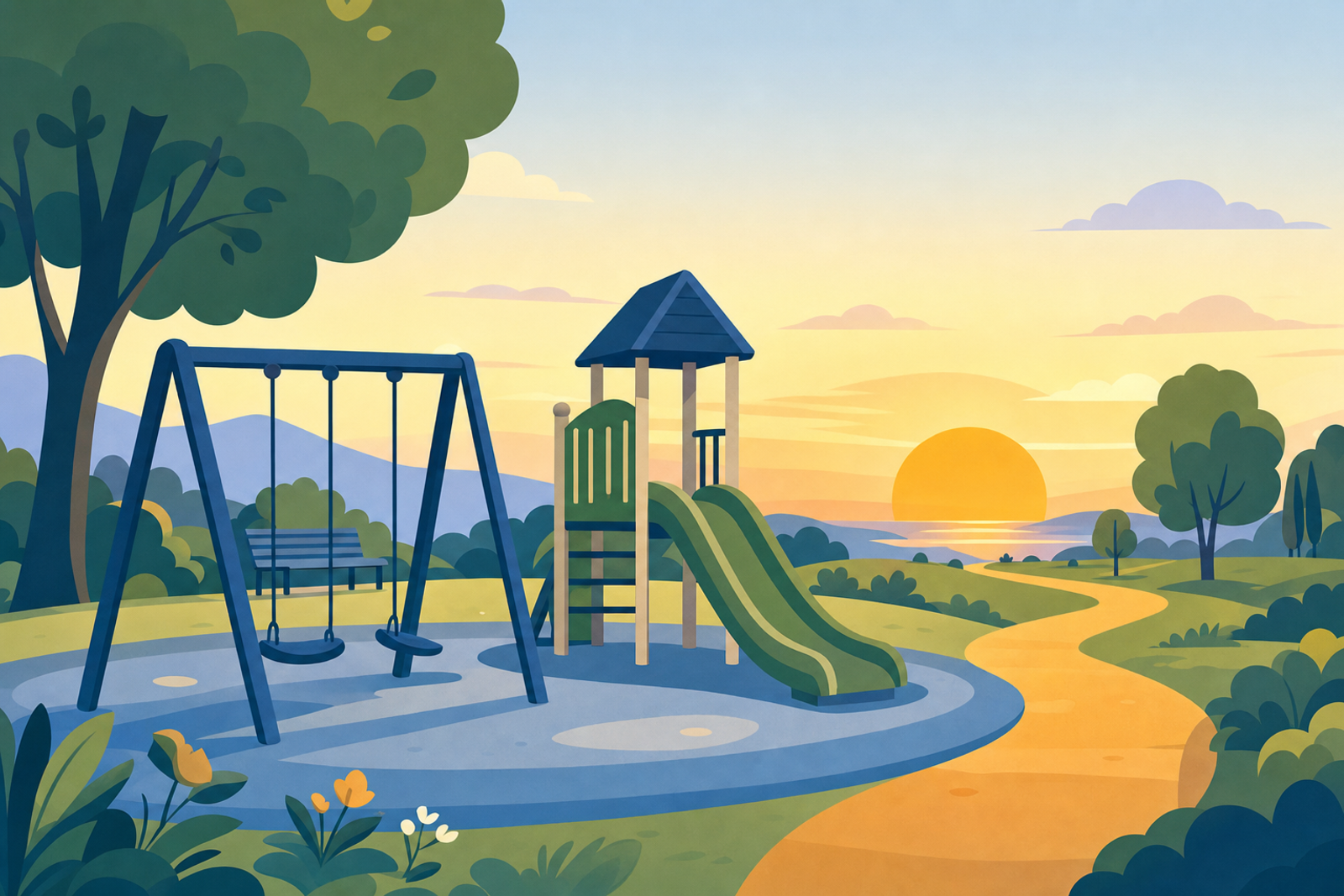 Illustration of a playground at transition time with a path leading away, representing the concept of leaving the park peacefully