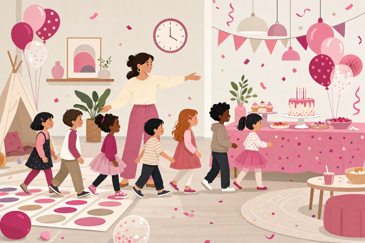 Flat illustration of children calmly transitioning from party games to a birthday table, guided by a parent, with pink and magenta festive accents.