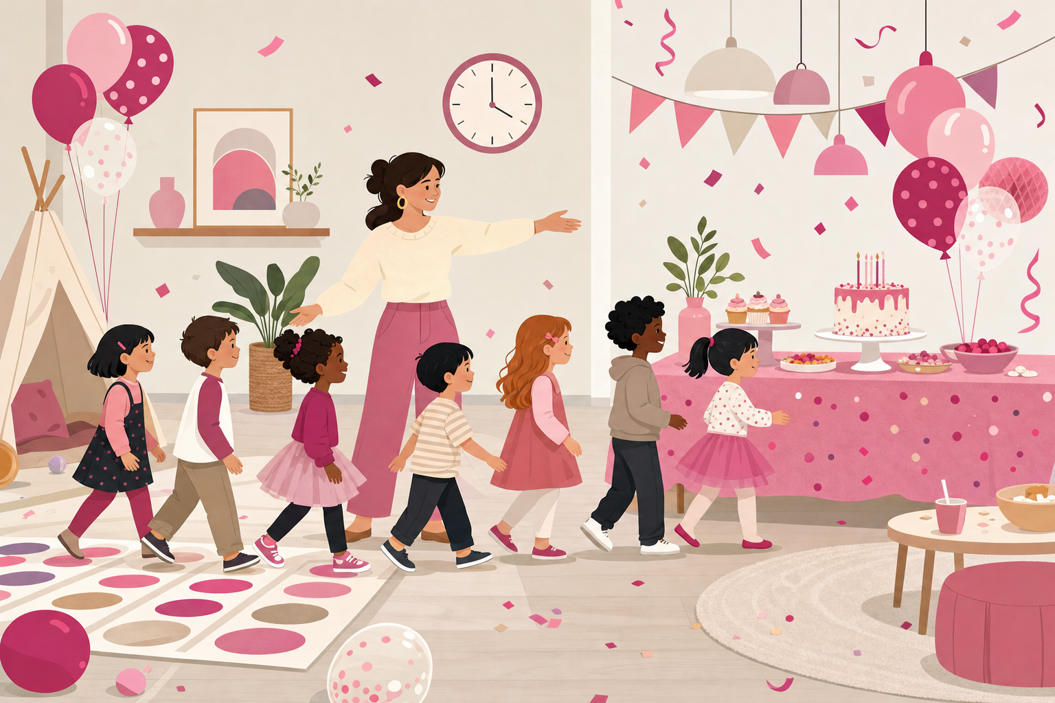 Flat illustration of children calmly transitioning from party games to a birthday table, guided by a parent, with pink and magenta festive accents.