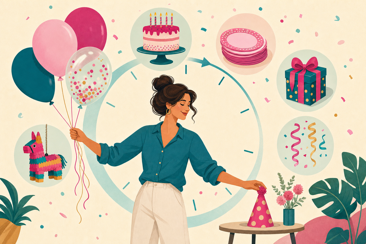 Flat illustration of one parent efficiently setting up a kids birthday party surrounded by balloons, cake, and party supplies arranged in a timeline-like arc.