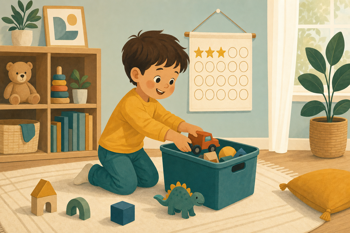 Illustration of a young child cheerfully putting toys away in a bin next to a wall-mounted sticker chart with gold stars.