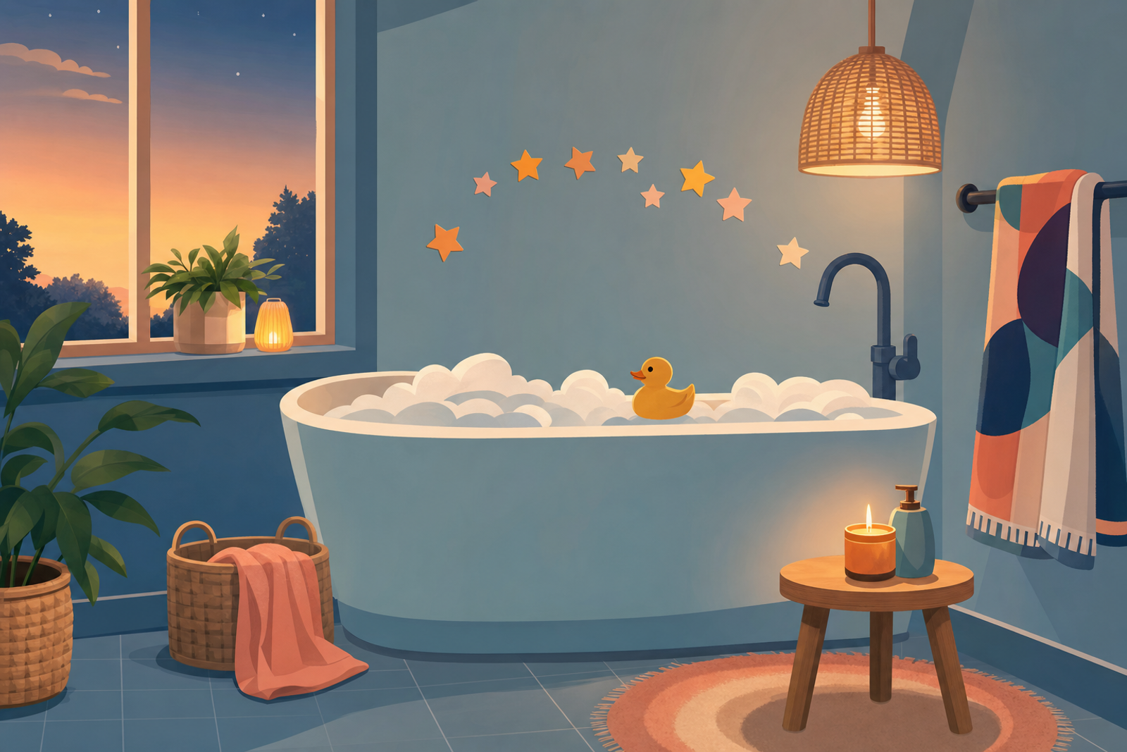 Peaceful bathroom scene with bubble bath and floating rubber duck, representing a calm bath time routine for young children