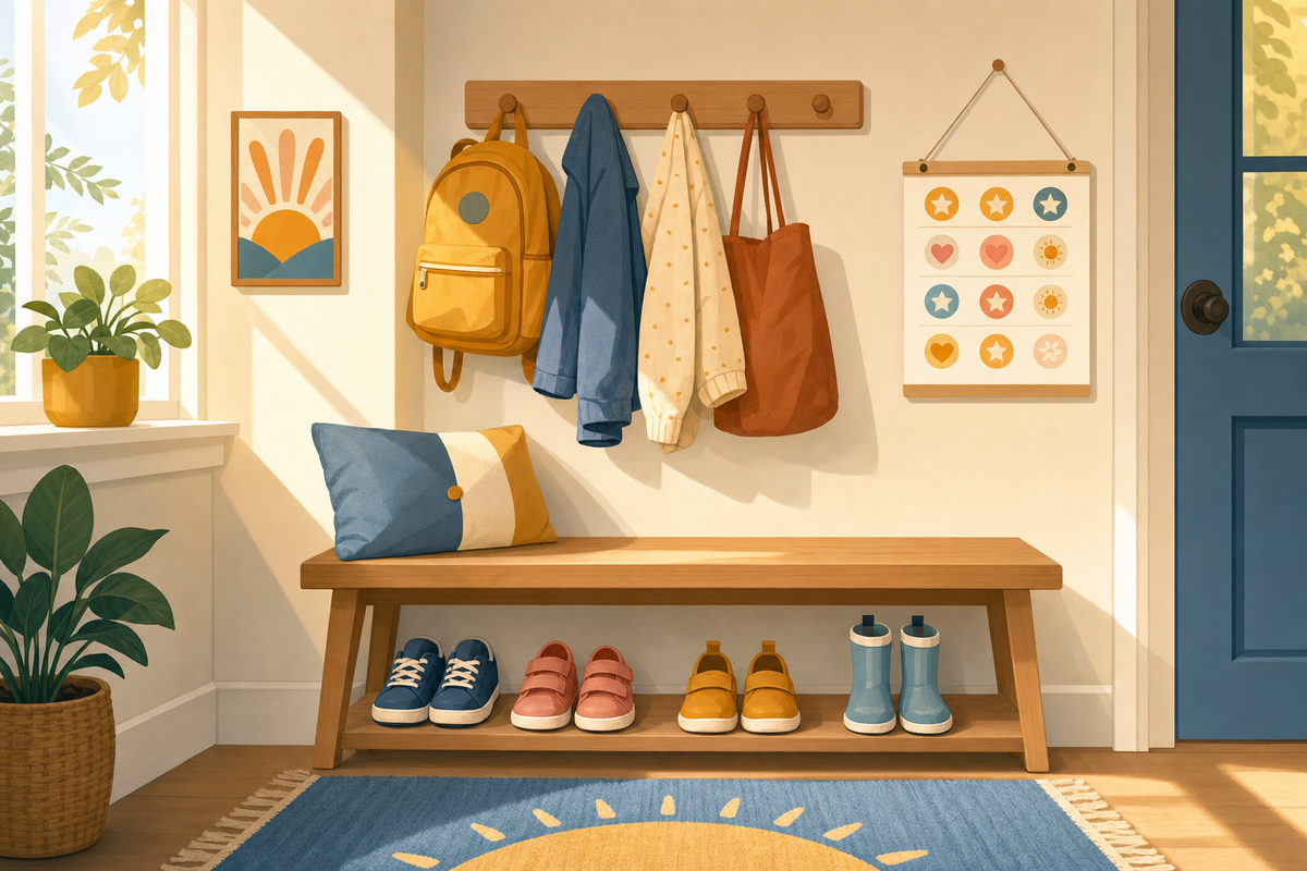 Illustration of an organized entryway with children's shoes and a sticker chart, representing a calm morning routine