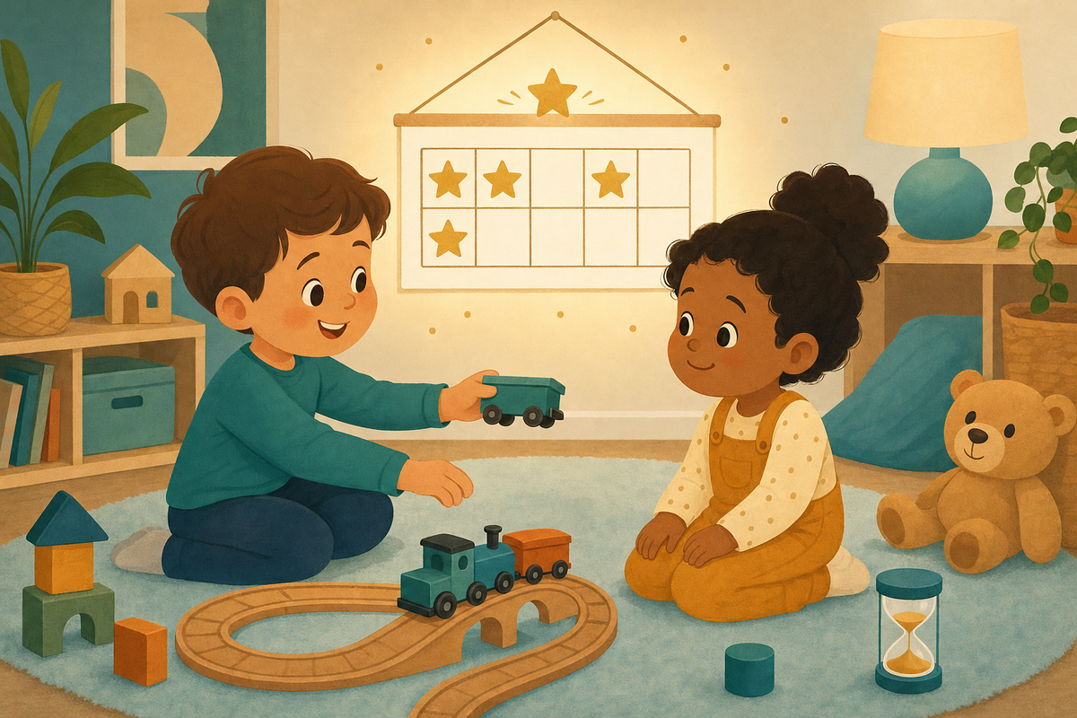 Two preschoolers calmly taking turns with toys beside a wall-mounted printable sticker chart with gold star stickers, representing gentle encouragement for sharing without force.