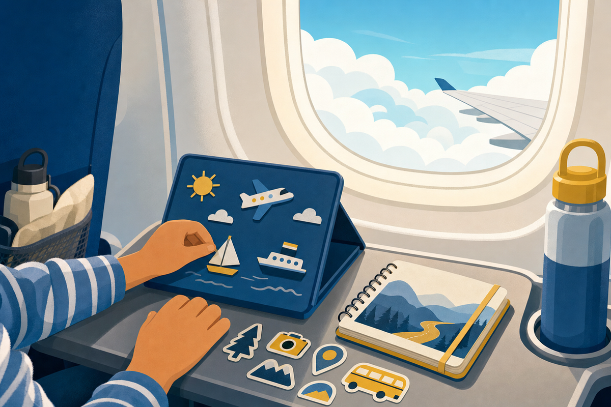 Illustration of child's hands with compact travel activities on airplane tray table, view through window showing clouds and sky