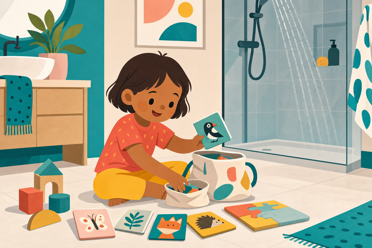 Illustration of a young child playing independently with activities from a busy bag while a parent showers in the background