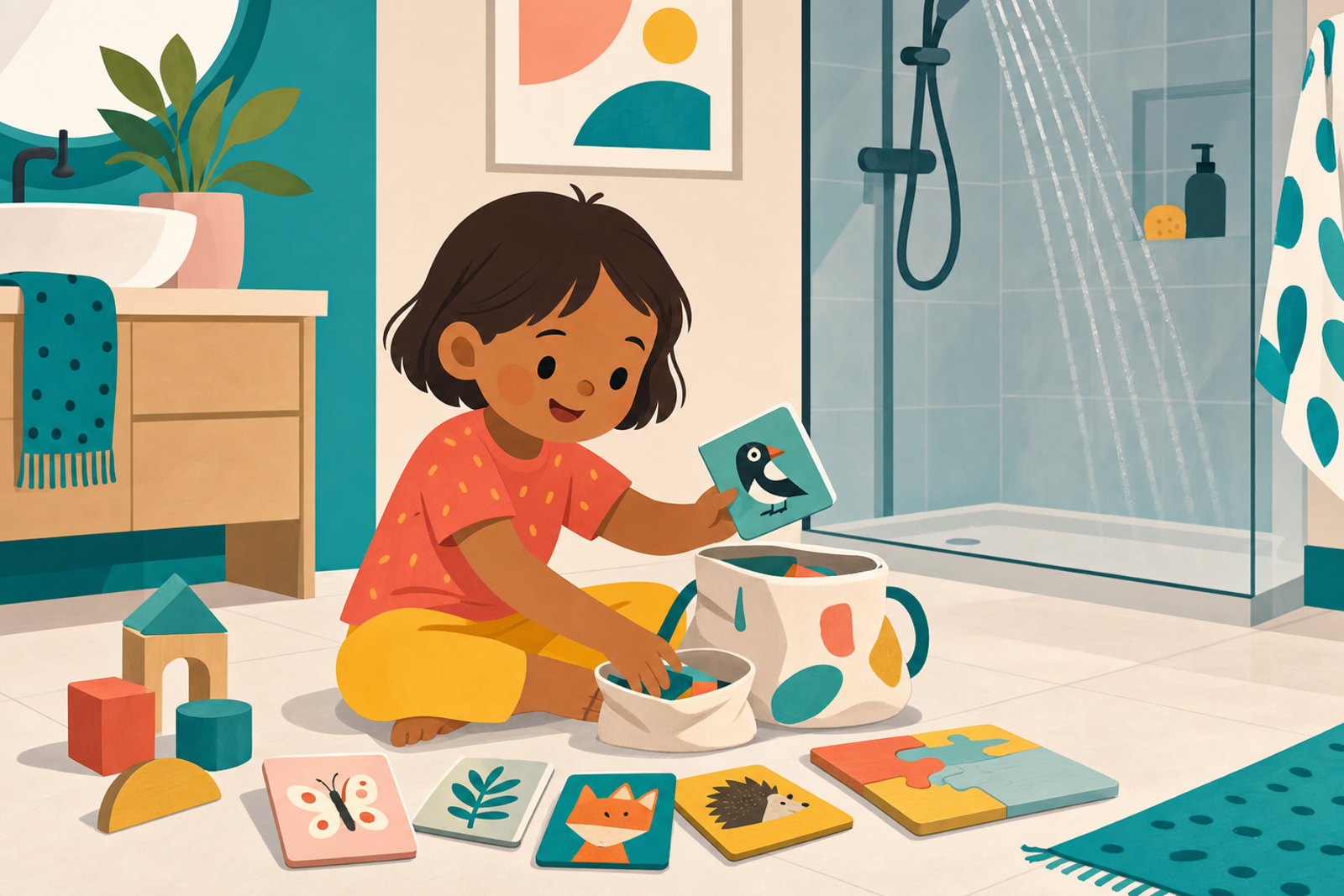 Illustration of a young child playing independently with activities from a busy bag while a parent showers in the background