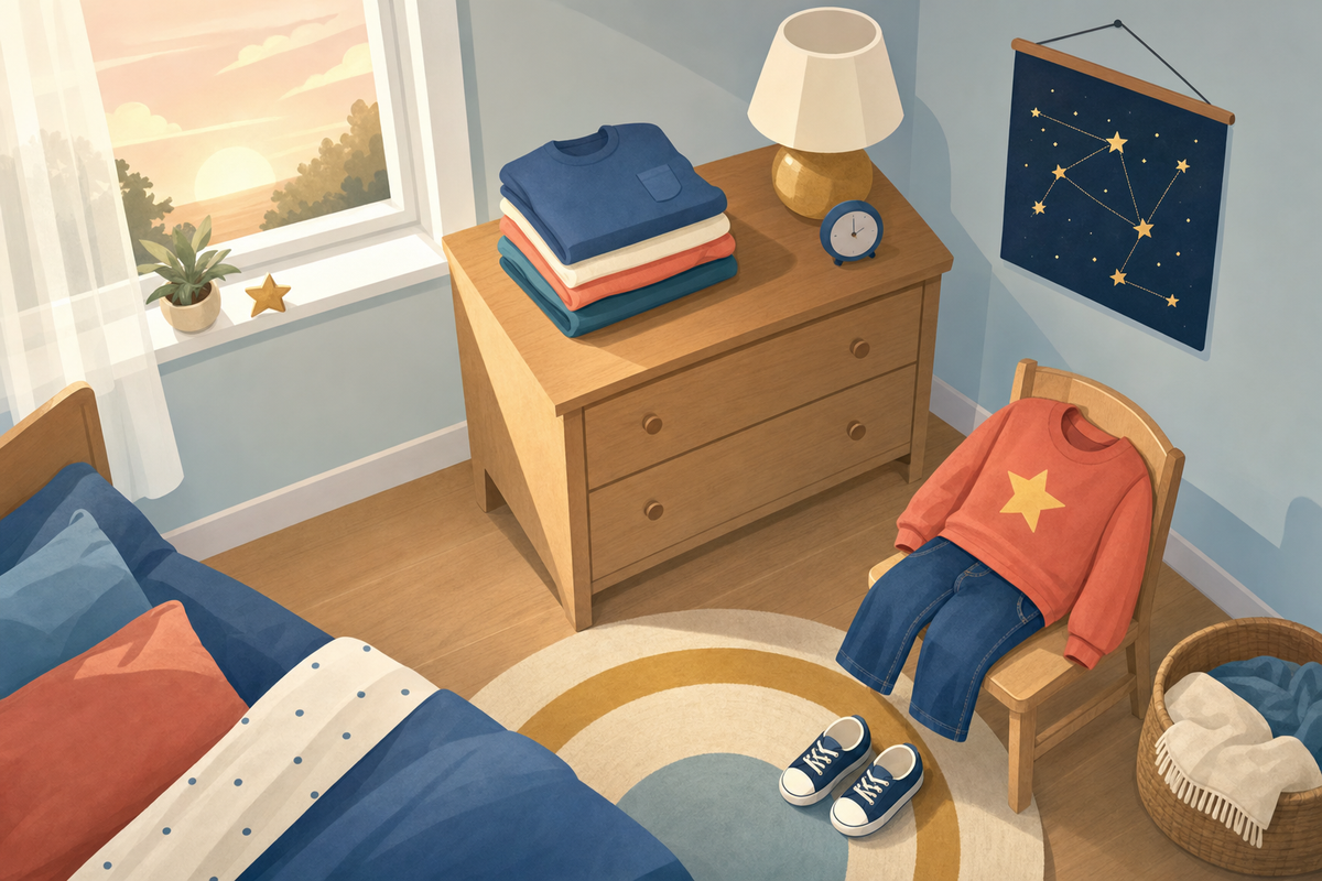 Illustration of a peaceful morning bedroom scene with clothes laid out and a star chart on the wall