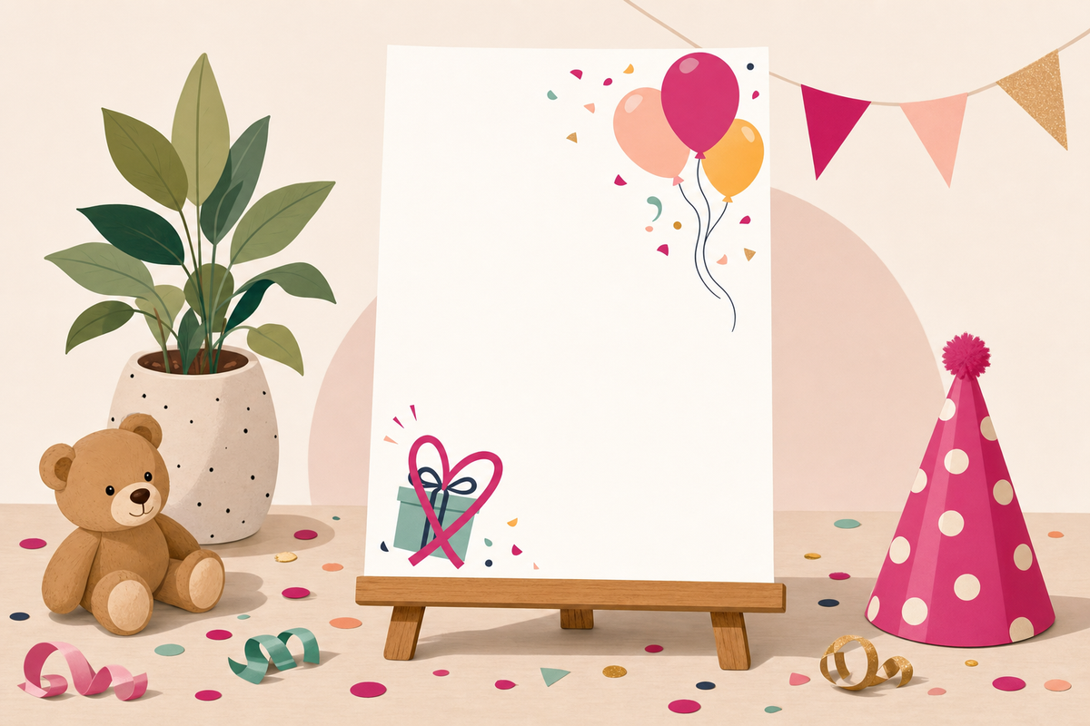 Flat illustration of a birthday invitation card with balloons, confetti, and a gift box gently crossed out, symbolizing a no-gifts party invitation.
