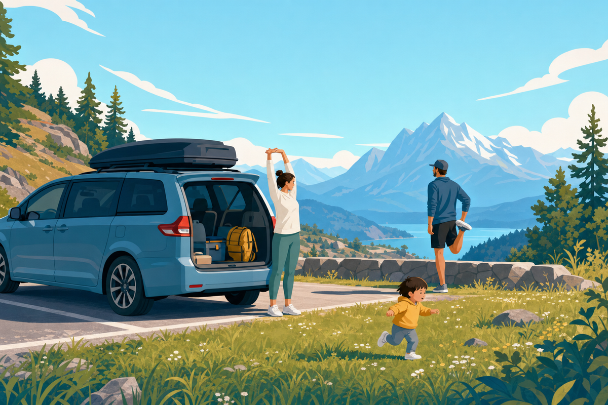 Family taking a rest stop during a road trip with young children, with a van parked at a scenic viewpoint