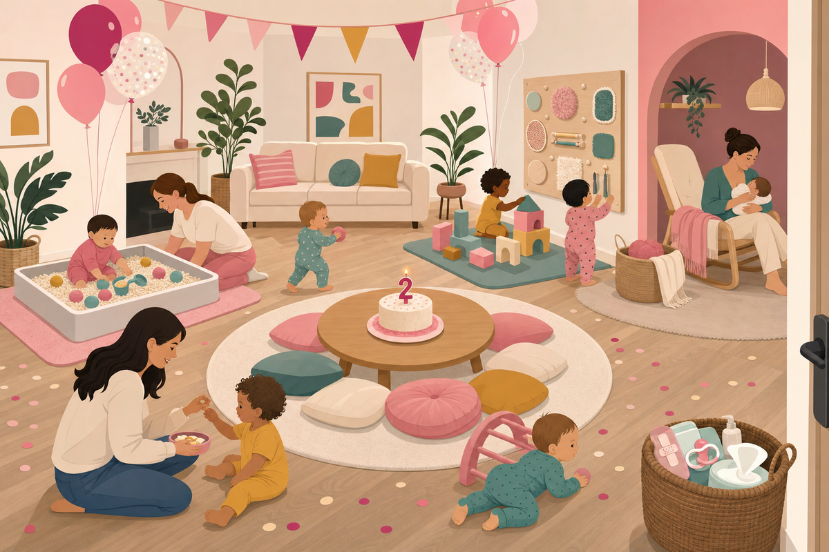 Flat illustration of a toddler-friendly birthday party with parallel play stations, a low cake table, resting nook, and a parent survival kit basket, in a festive pink and cream color palette.