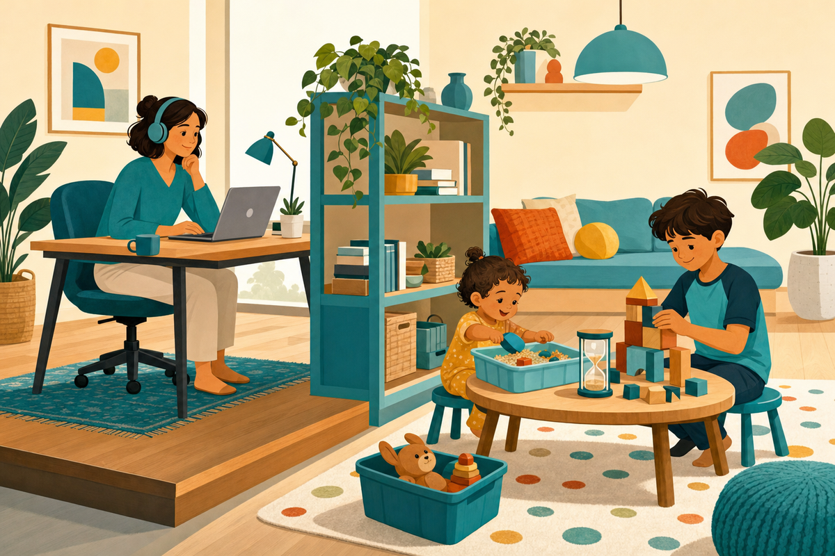 Flat illustration of a parent on a work call at a desk while two children happily play independently nearby with blocks and drawing supplies, no screens in sight.