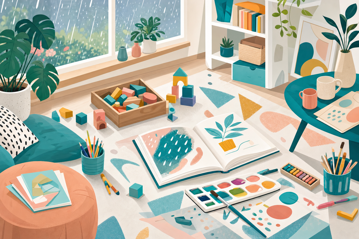 Illustration of various indoor activities and craft supplies arranged near a rainy window, representing screen-free entertainment options for children