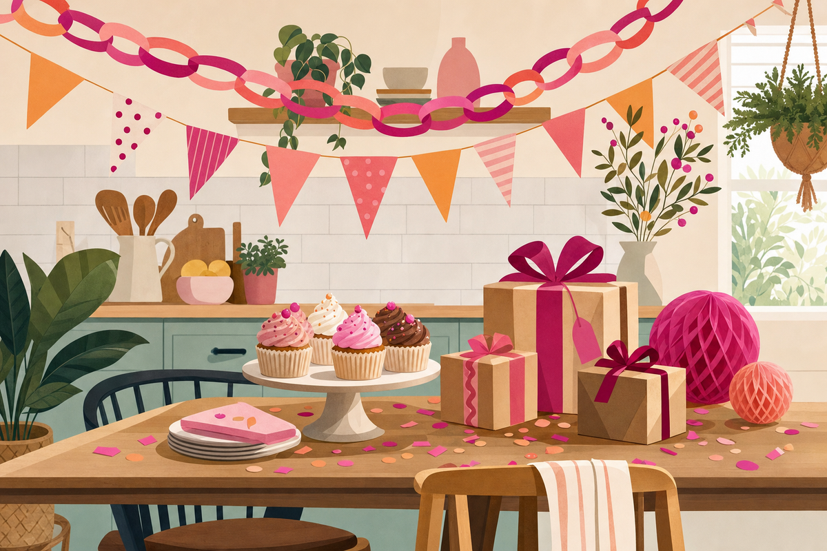 Flat illustration of a cozy home birthday party setup with DIY decorations, homemade cupcakes, and simple wrapped gifts on a kitchen table