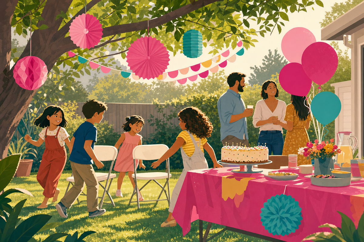 Illustration of an intimate backyard birthday party with homemade decorations, simple games, and children celebrating together in a relaxed home setting