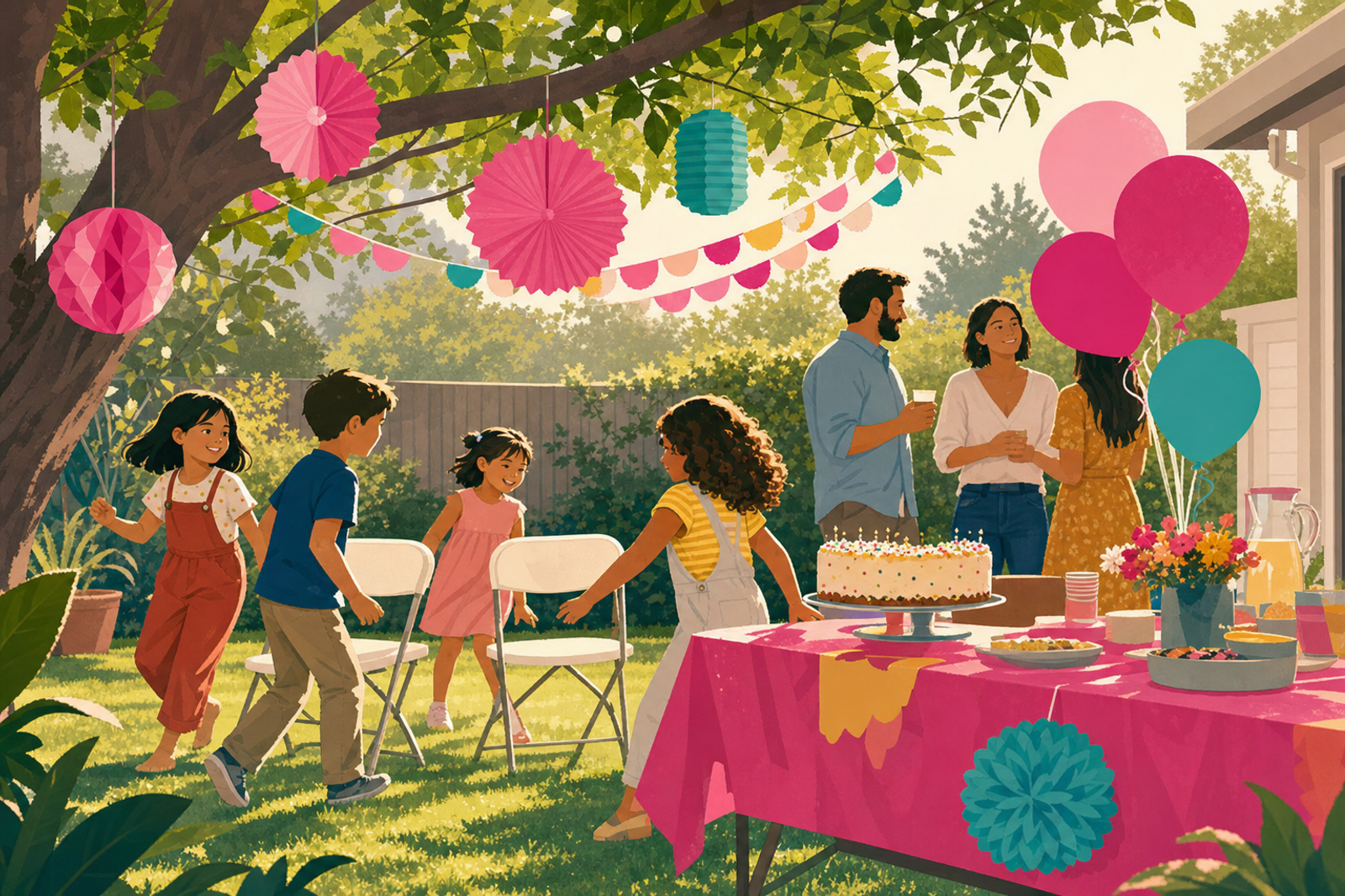 Illustration of an intimate backyard birthday party with homemade decorations, simple games, and children celebrating together in a relaxed home setting