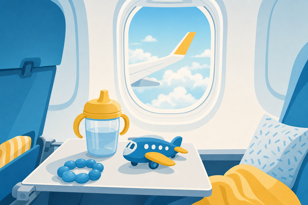 Illustration of airplane window with clouds and toddler travel essentials on tray table