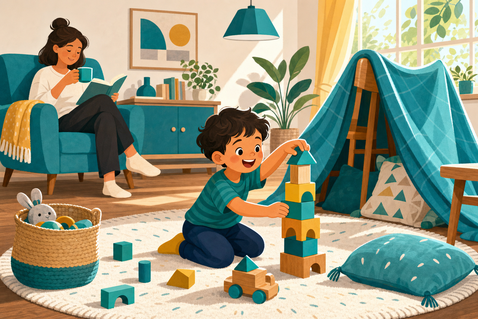 Flat illustration of a young child happily playing independently with blocks and toys in a bright, tidy living room while a parent relaxes nearby.