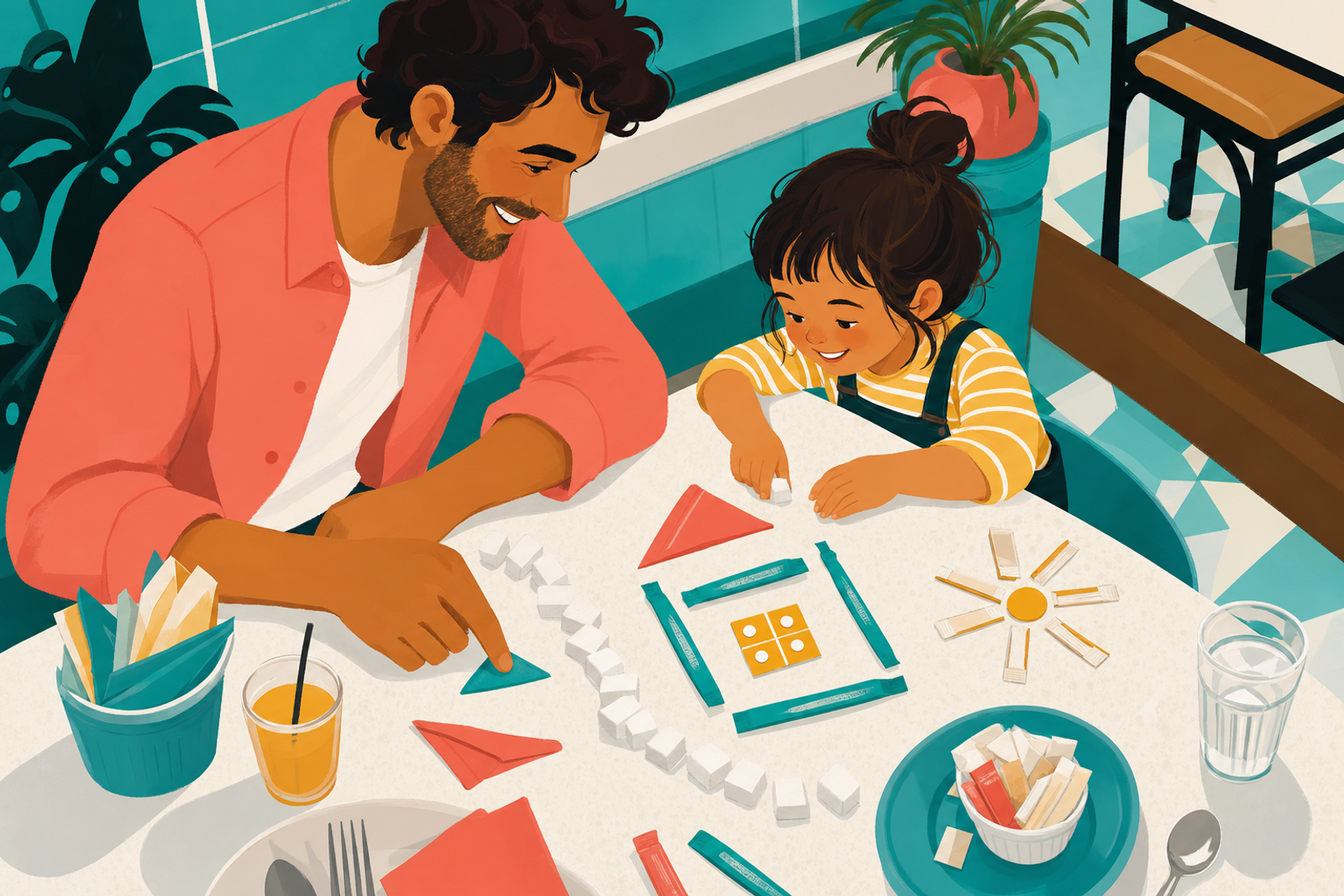 Parent and child playing together at a restaurant table with everyday items like napkins and utensils
