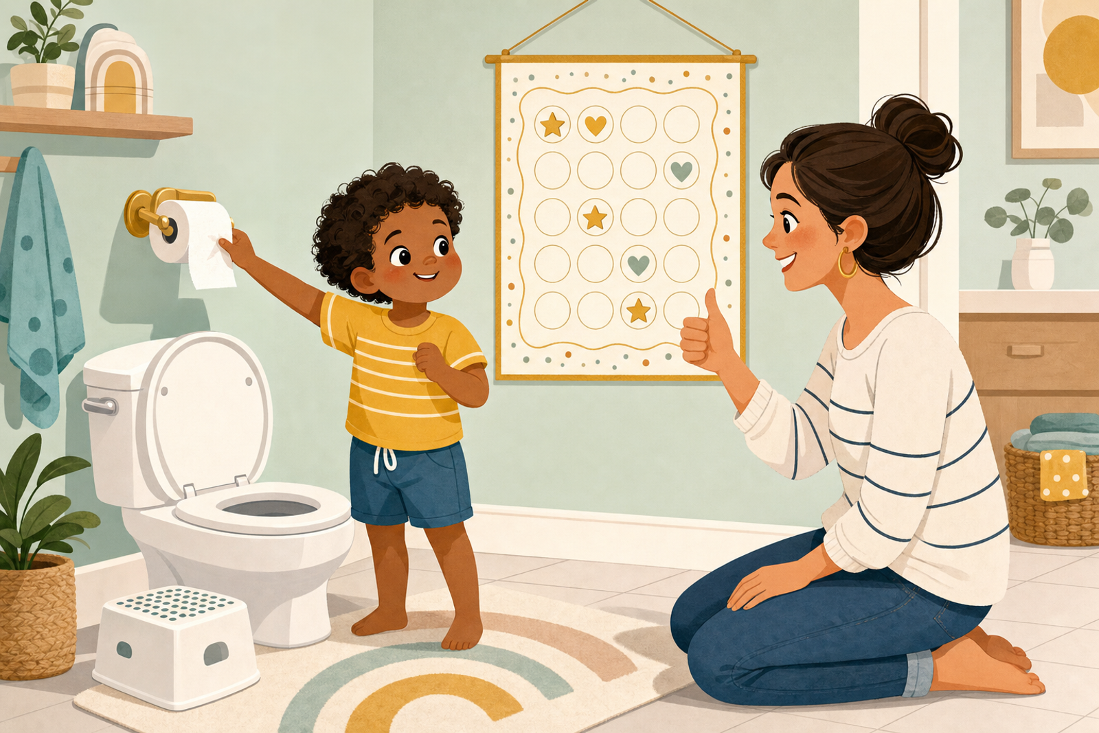 Flat illustration of a child in a bathroom next to a colorful sticker chart with stars and hearts, learning independence with an encouraging parent nearby.