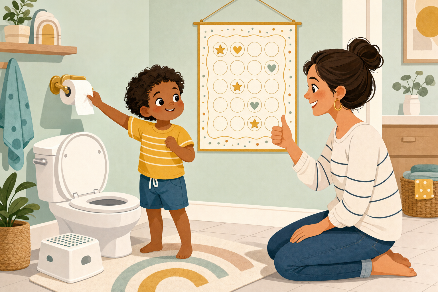 Flat illustration of a child in a bathroom next to a colorful sticker chart with stars and hearts, learning independence with an encouraging parent nearby.