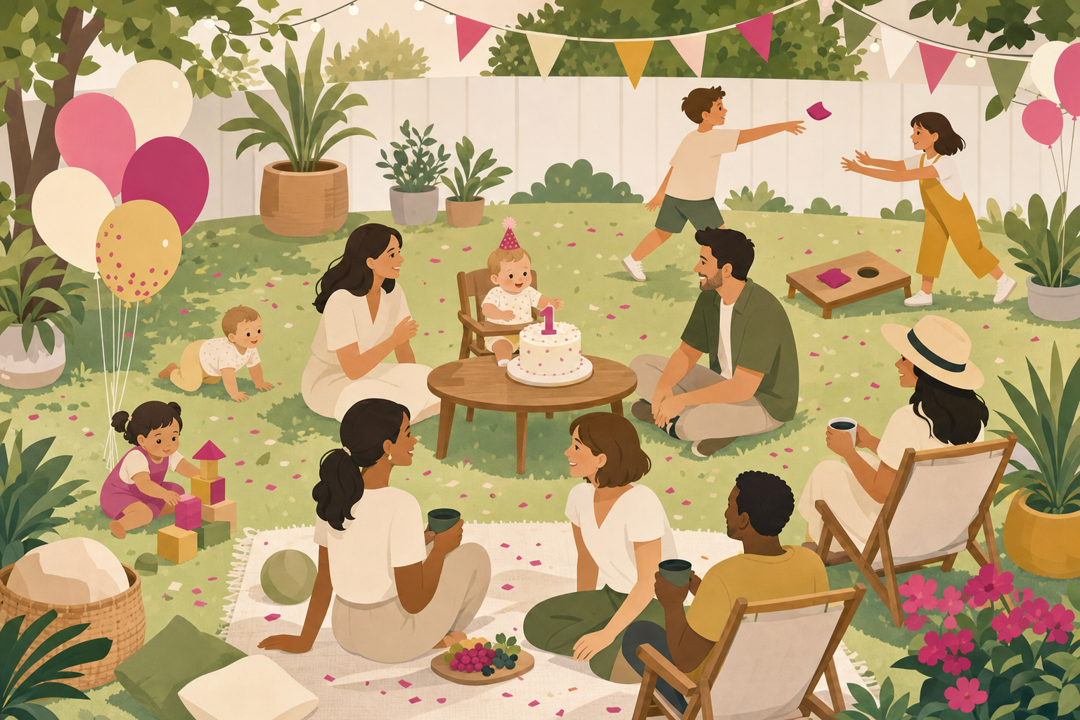 Flat illustration of a relaxed backyard first birthday party with a baby, toddlers, older kids, and adults enjoying balloons, bunting, and cake together in a confetti-pink and pastel color palette.