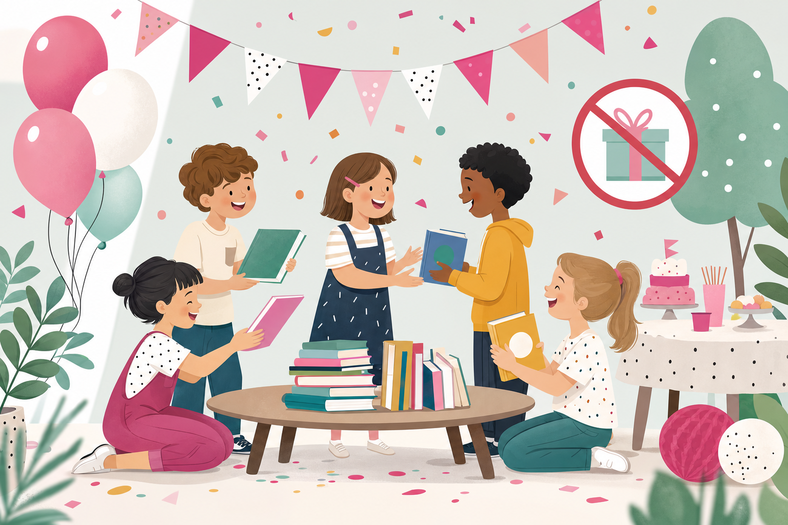 Flat illustration of a children's birthday party featuring a book swap table, balloons, and festive decorations, representing a no-gift party idea.
