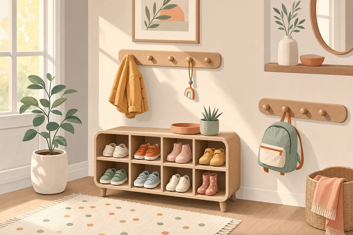 Organized entryway with children's jacket, shoes, and backpack ready for leaving the house