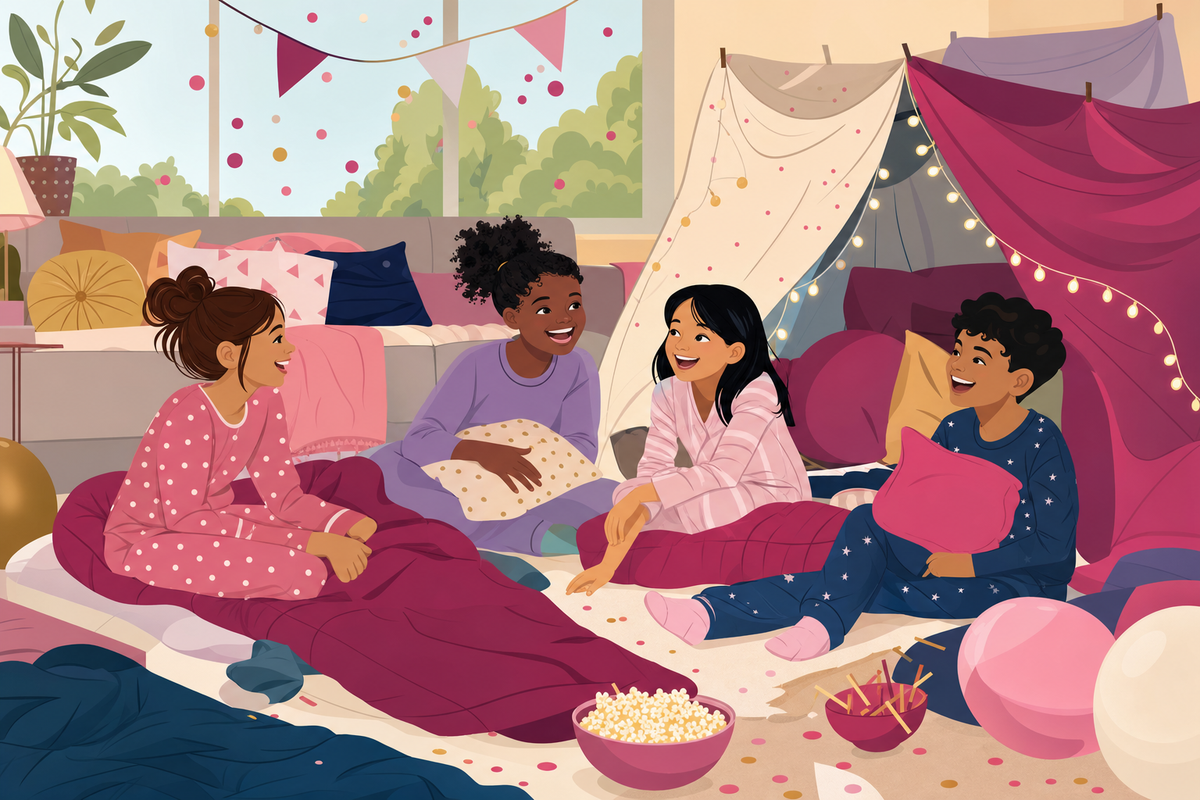Children in pajamas enjoying a daytime sleepover-style birthday party with sleeping bags and pillow forts in a bright, festive living room