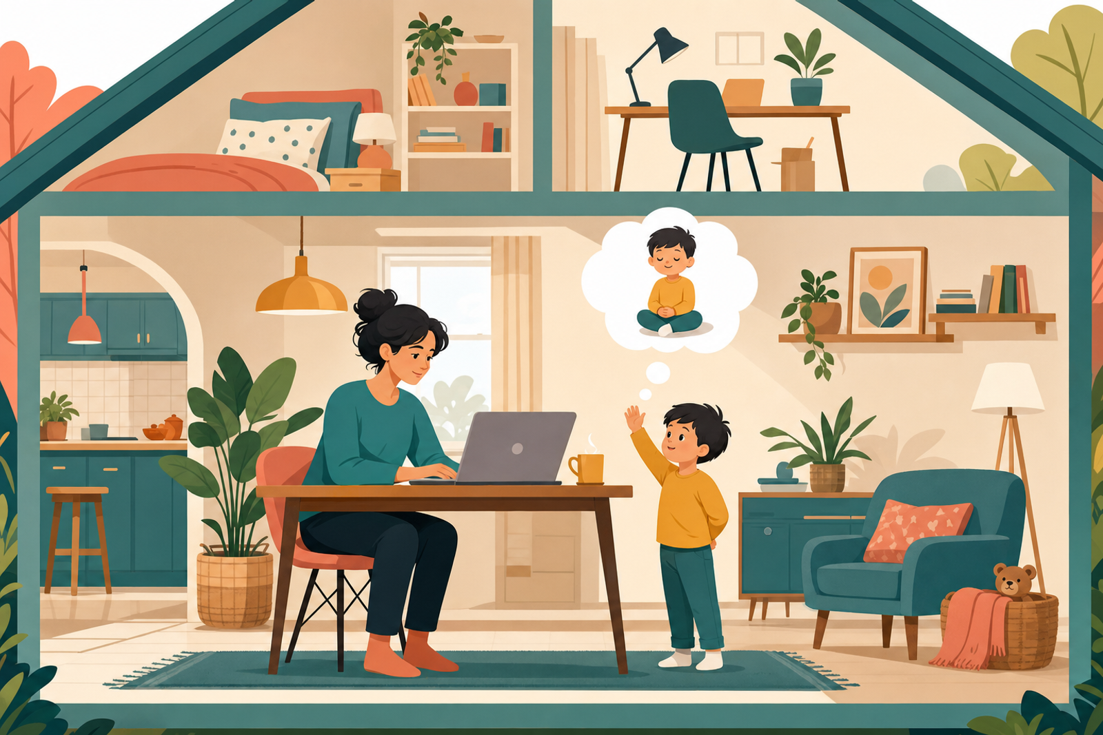 Illustration of a parent at laptop with young child learning to wait patiently before interrupting