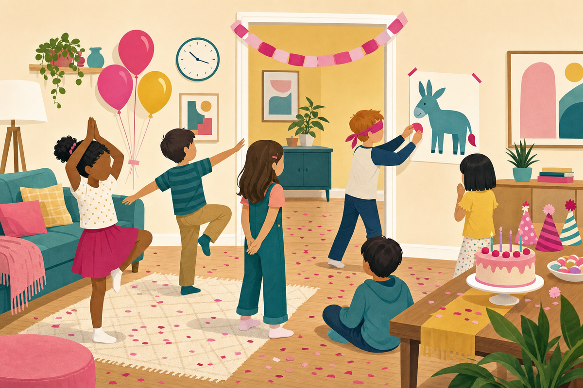 Flat illustration of children playing simple party games in a home living room decorated with balloons, streamers, and confetti for a 7-year-old's birthday celebration.