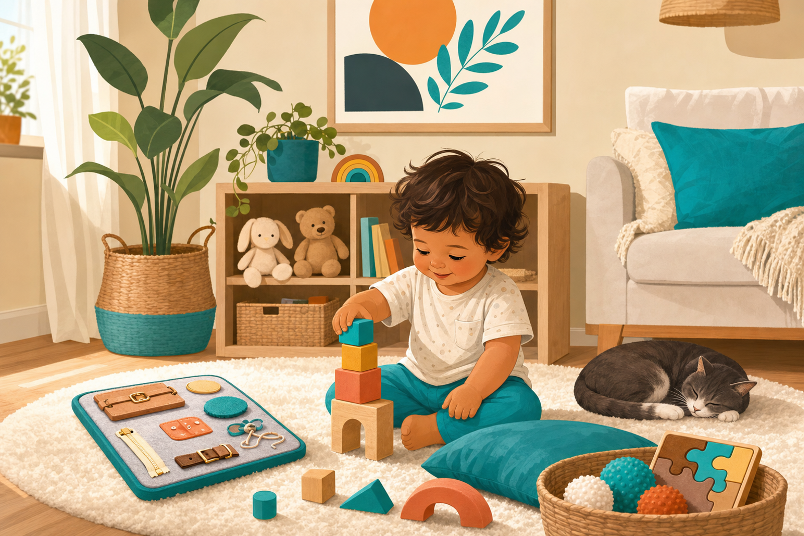 Flat illustration of a toddler quietly playing alone with blocks and a busy board in a cozy room during nap time.