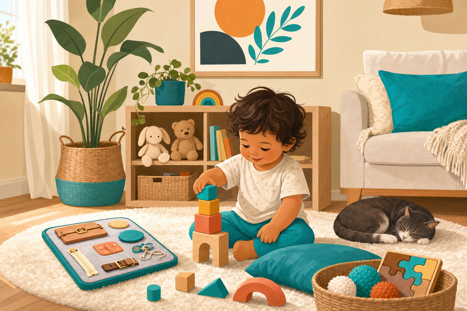 Flat illustration of a toddler quietly playing alone with blocks and a busy board in a cozy room during nap time.