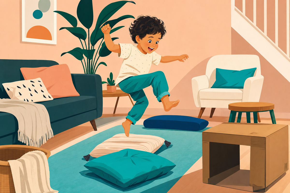 Illustration of a young child playing an energetic indoor game in a modern living room