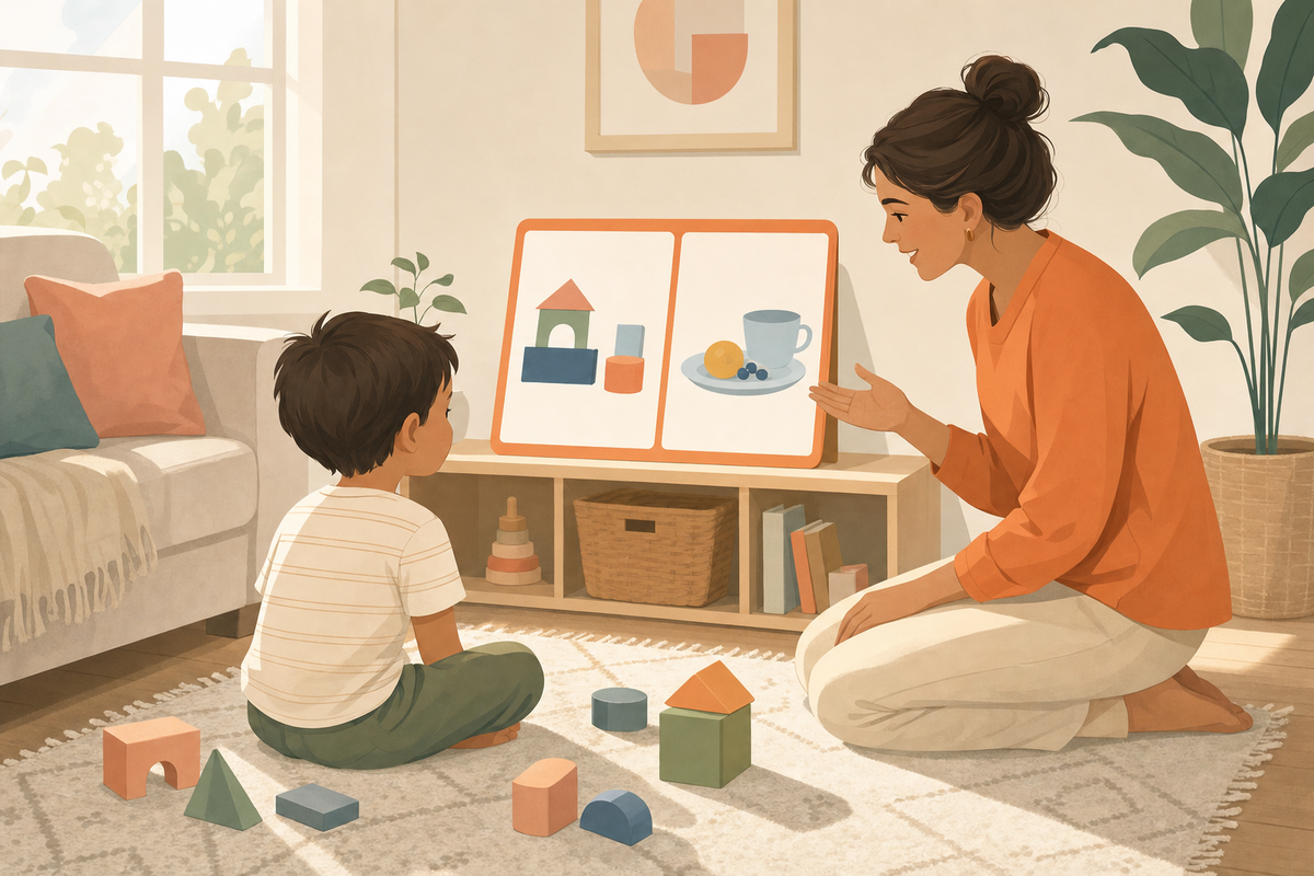 Flat illustration of a parent calmly guiding a child through a First-Then routine chart to transition away from playtime.