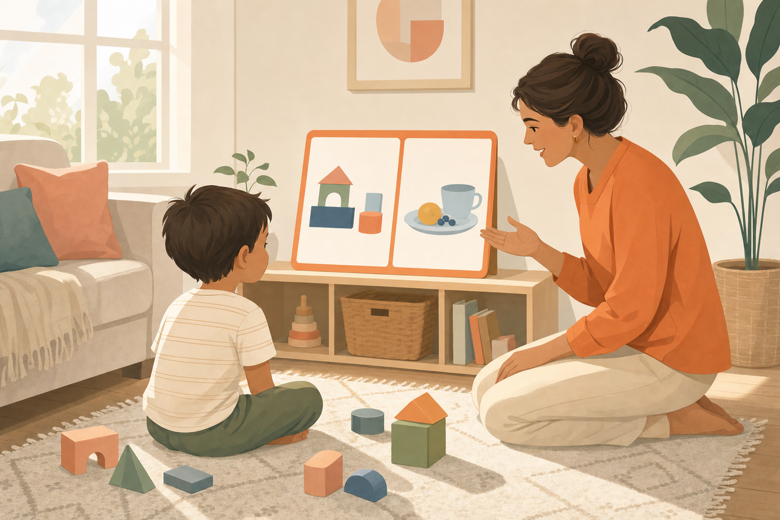 Flat illustration of a parent calmly guiding a child through a First-Then routine chart to transition away from playtime.