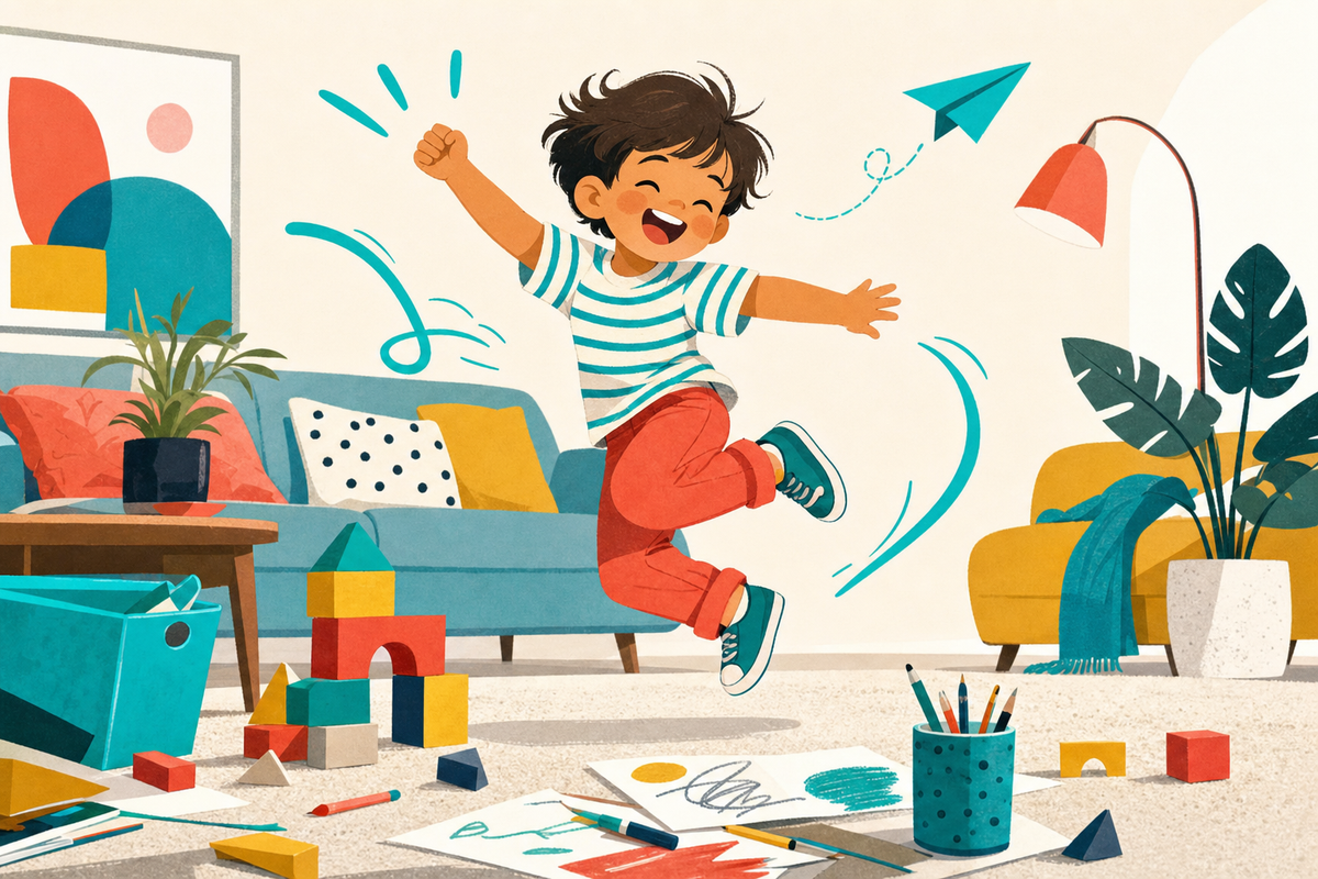 Illustration of an energetic young child playing actively indoors with simple toys and creative materials