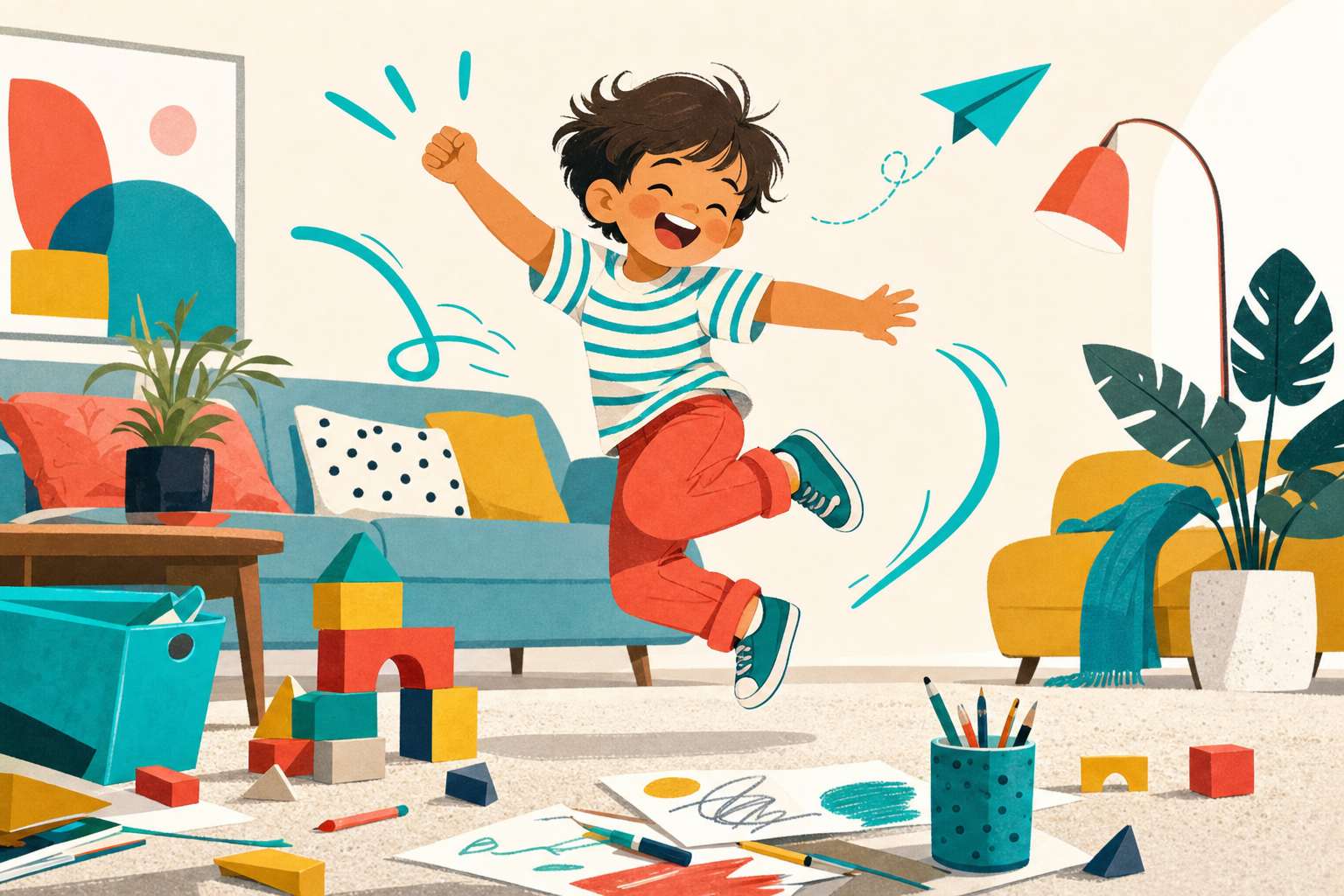 Illustration of an energetic young child playing actively indoors with simple toys and creative materials