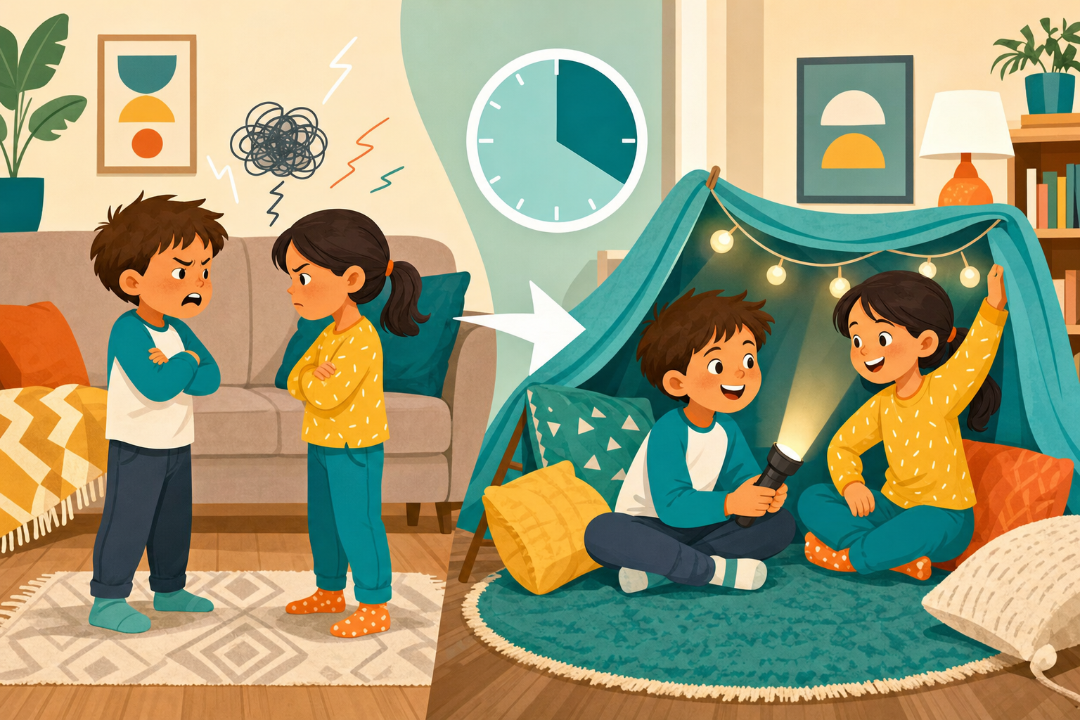 Flat illustration of two siblings moving from squabbling to happily building a blanket fort together indoors, symbolizing a screen-free 30-minute activity reset.