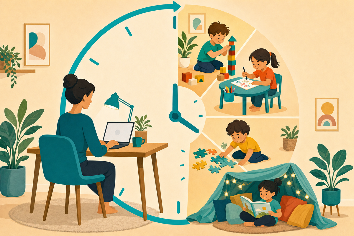 Flat illustration of a parent working at a laptop while kids rotate through screen-free activities like building blocks, drawing, puzzles, and reading in a cozy home setting.