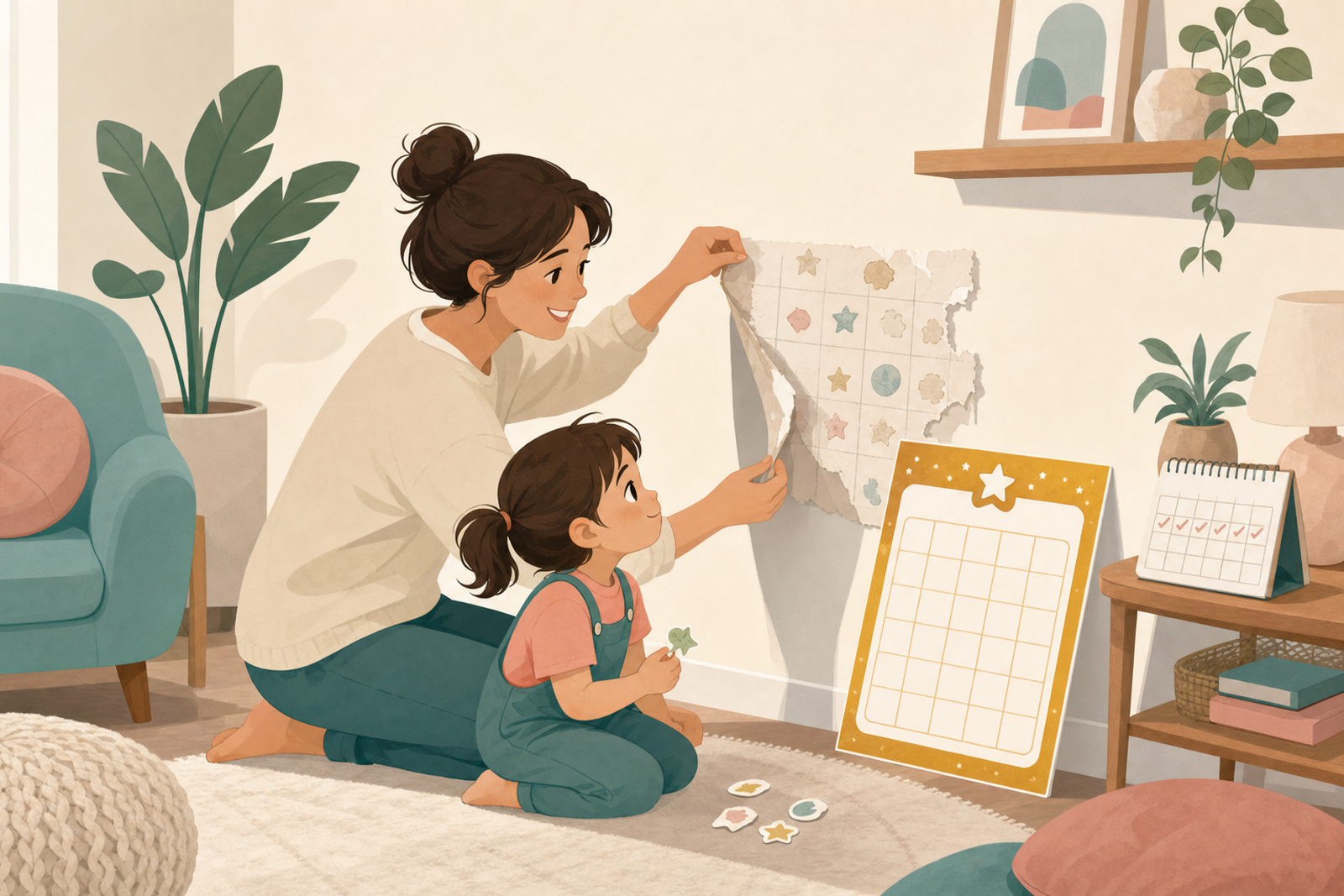 Illustration of a parent and preschooler removing an old sticker chart and preparing a fresh new one, representing a 7-day reset plan.
