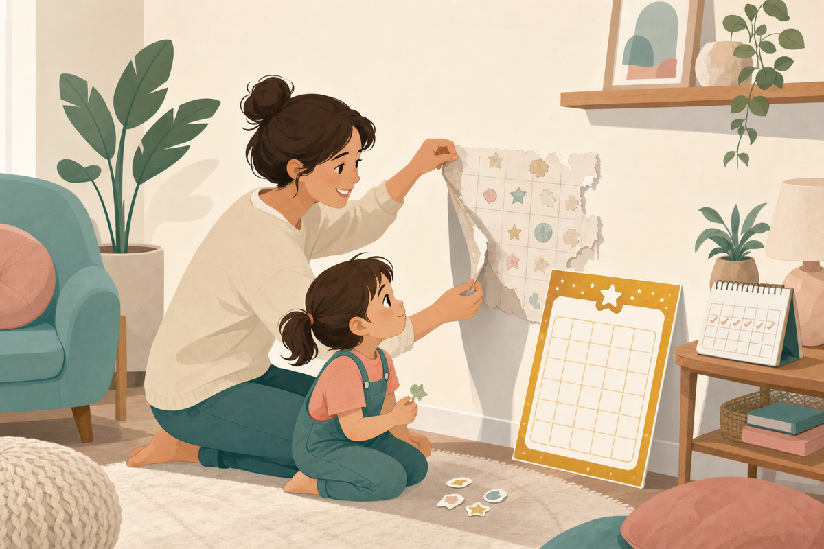 Illustration of a parent and preschooler removing an old sticker chart and preparing a fresh new one, representing a 7-day reset plan.